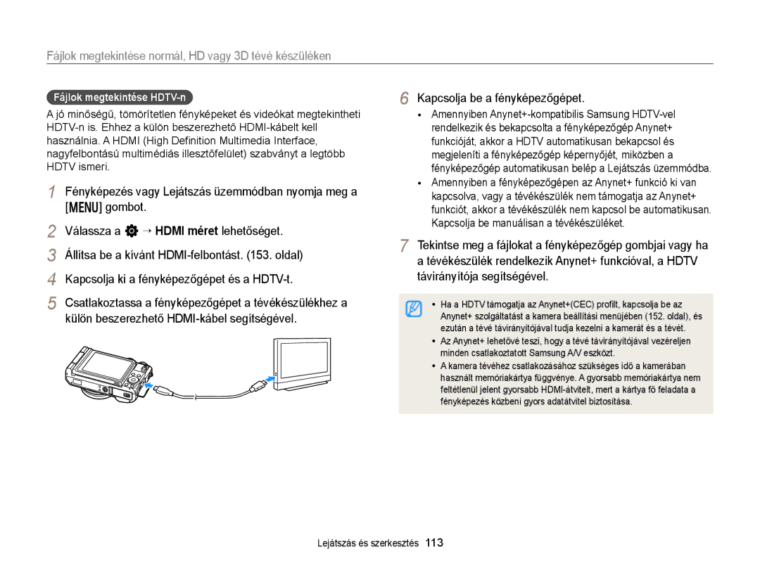 Samsung EC-EX2FZZBPBE2 manual Fájlok megtekintése normál, HD vagy 3D tévé készüléken, Válassza a n “ Hdmi méret lehetőséget 