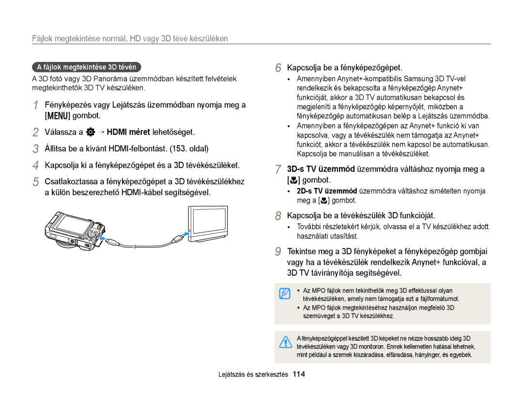 Samsung EC-EX2FZZBPWE2 manual 3D-s TV üzemmód üzemmódra váltáshoz nyomja meg a c gombot, Fájlok megtekintése 3D tévén, 114 