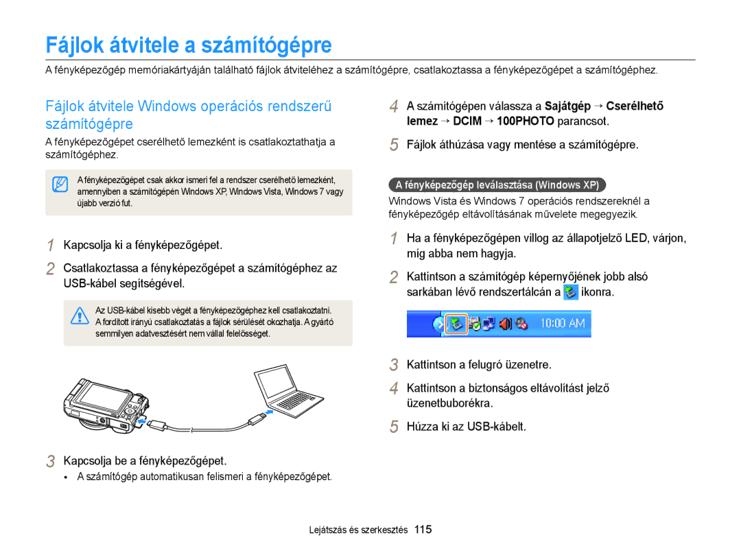 Samsung EC-EX2FZZBPBE3 manual Fájlok átvitele a számítógépre, Fájlok átvitele Windows operációs rendszerű számítógépre 