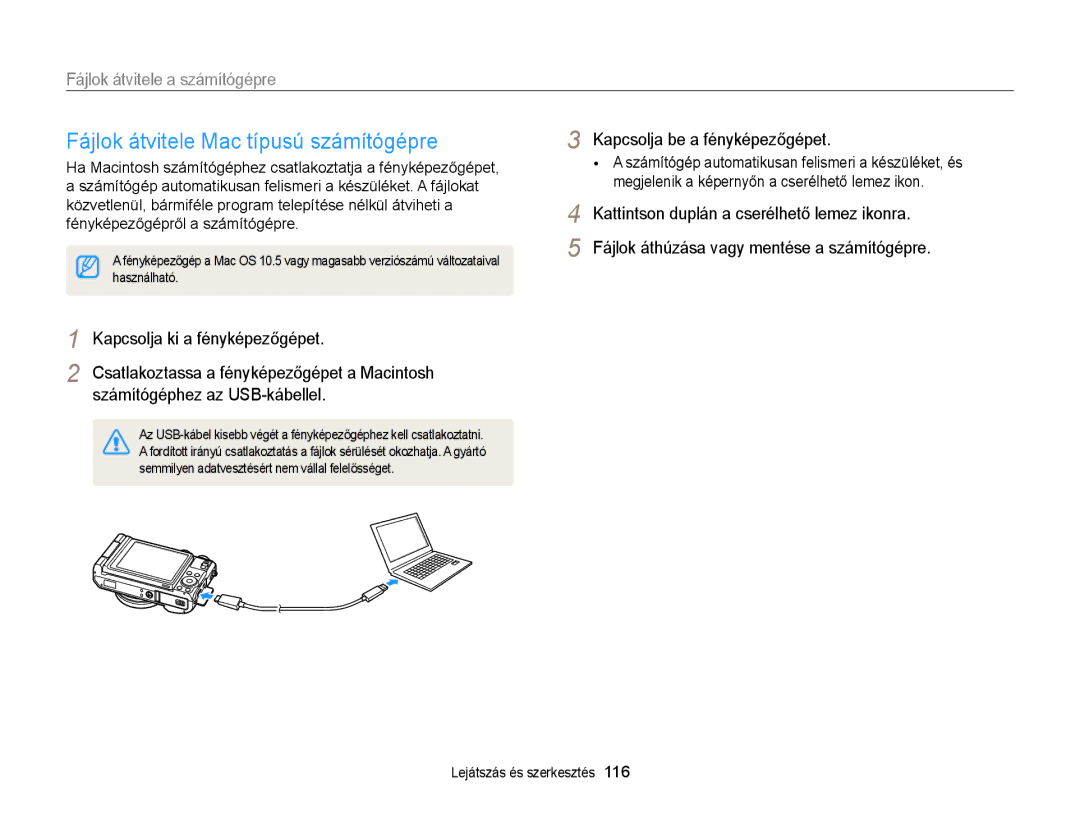 Samsung EC-EX2FZZBPWE3 manual Fájlok átvitele Mac típusú számítógépre, Fájlok átvitele a számítógépre, Használható 