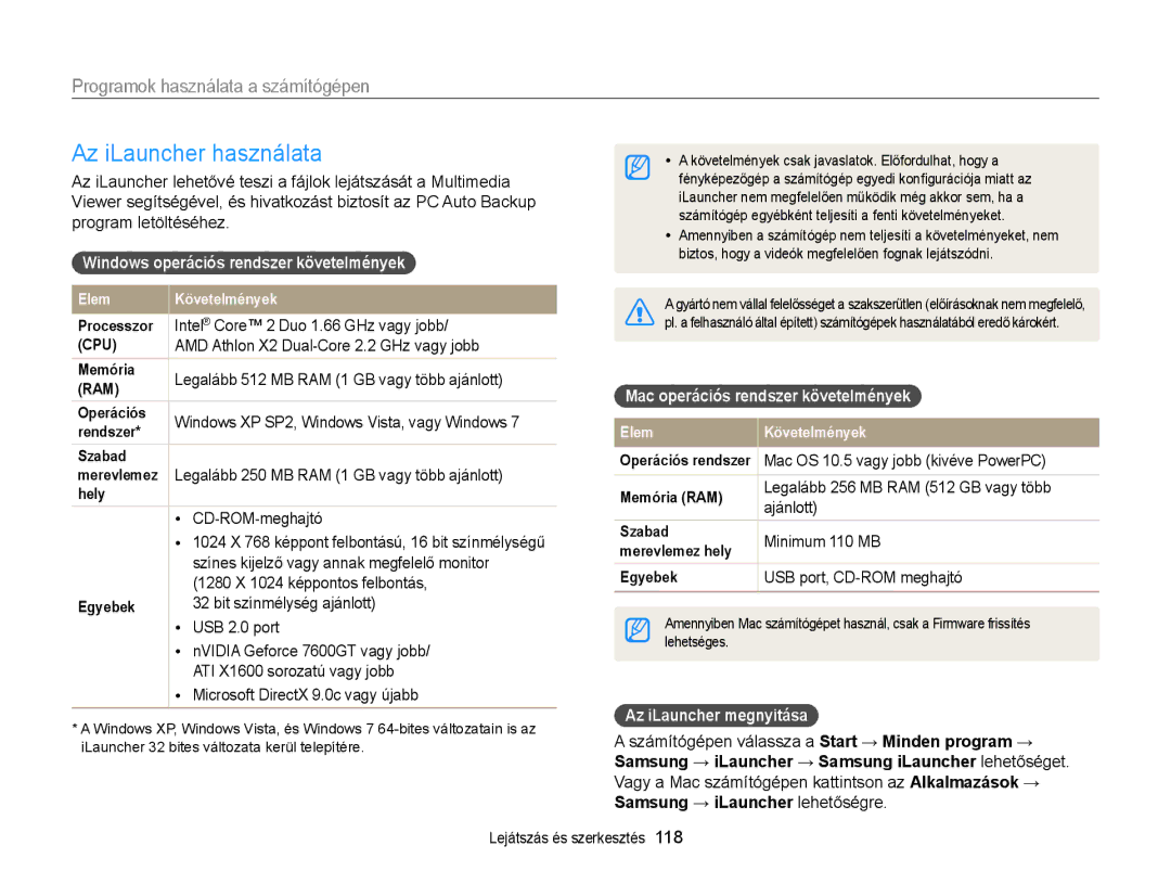 Samsung EC-EX2FZZBPWE2 Az iLauncher használata, Programok használata a számítógépen, Mac operációs rendszer követelmények 