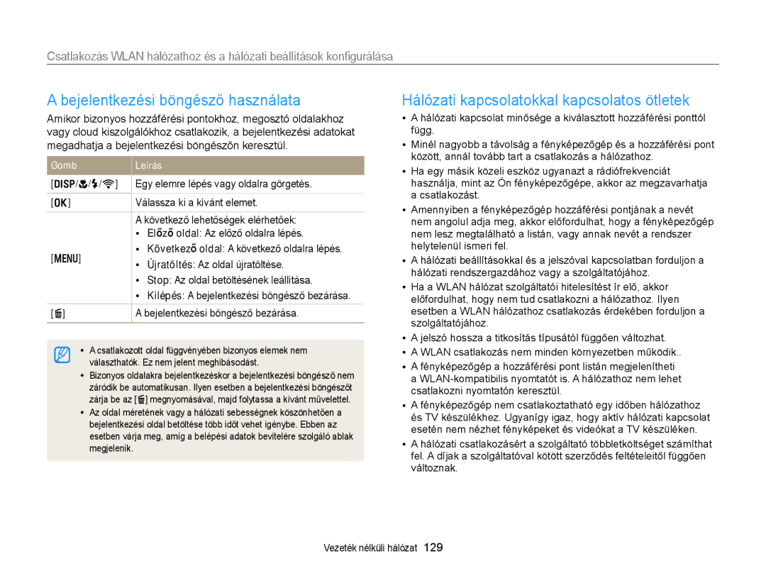 Samsung EC-EX2FZZBPBE2 manual Bejelentkezési böngésző használata, Hálózati kapcsolatokkal kapcsolatos ötletek, F/t 