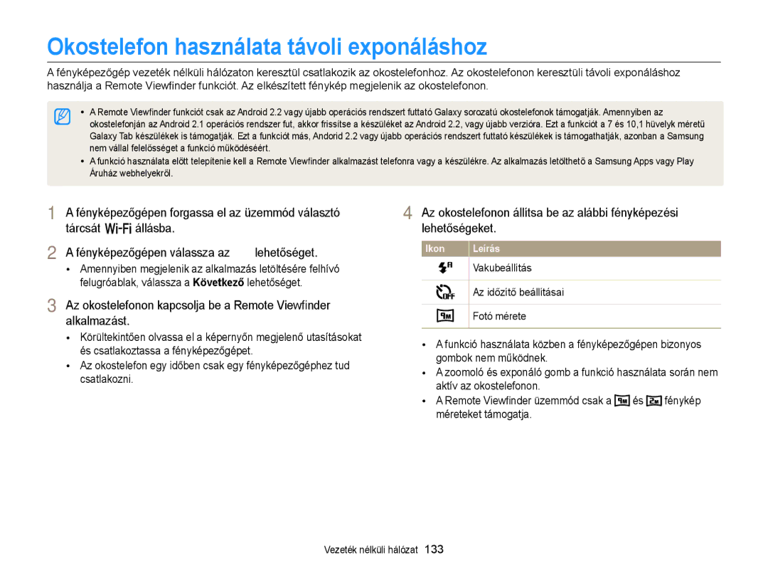 Samsung EC-EX2FZZBPBE2 Okostelefon használata távoli exponáláshoz, Vakubeállítás, Az időzítő beállításai, Fotó mérete 