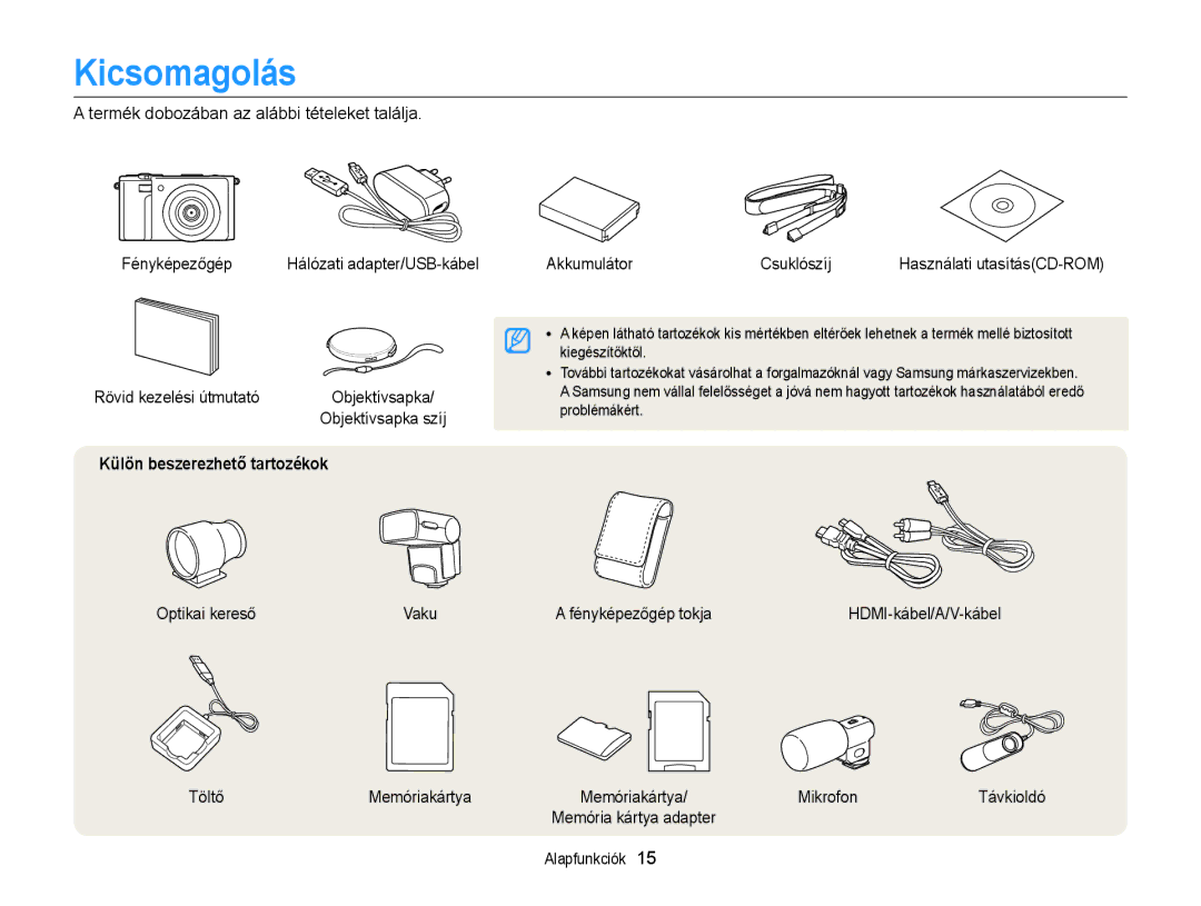 Samsung EC-EX2FZZBPBE3, EC-EX2FZZBPWE3, EC-EX2FZZBPBE2, EC-EX2FZZBPWE2 manual Kicsomagolás, Külön beszerezhető tartozékok 