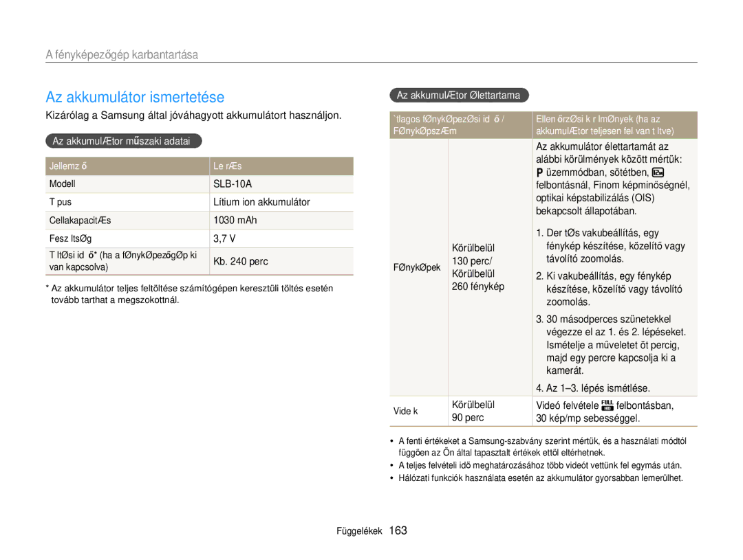 Samsung EC-EX2FZZBPBE3 manual Az akkumulátor ismertetése, Az akkumulátor műszaki adatai, Az akkumulátor élettartama 