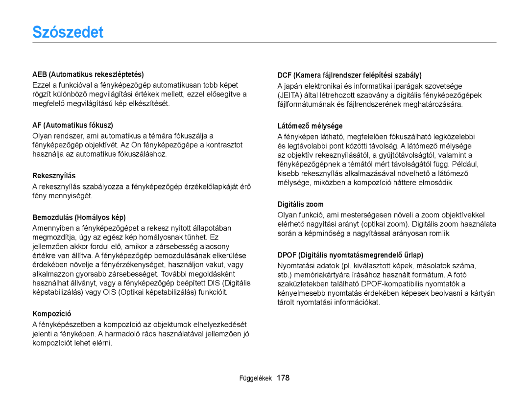 Samsung EC-EX2FZZBPWE2, EC-EX2FZZBPBE3, EC-EX2FZZBPWE3, EC-EX2FZZBPBE2 manual Szószedet 