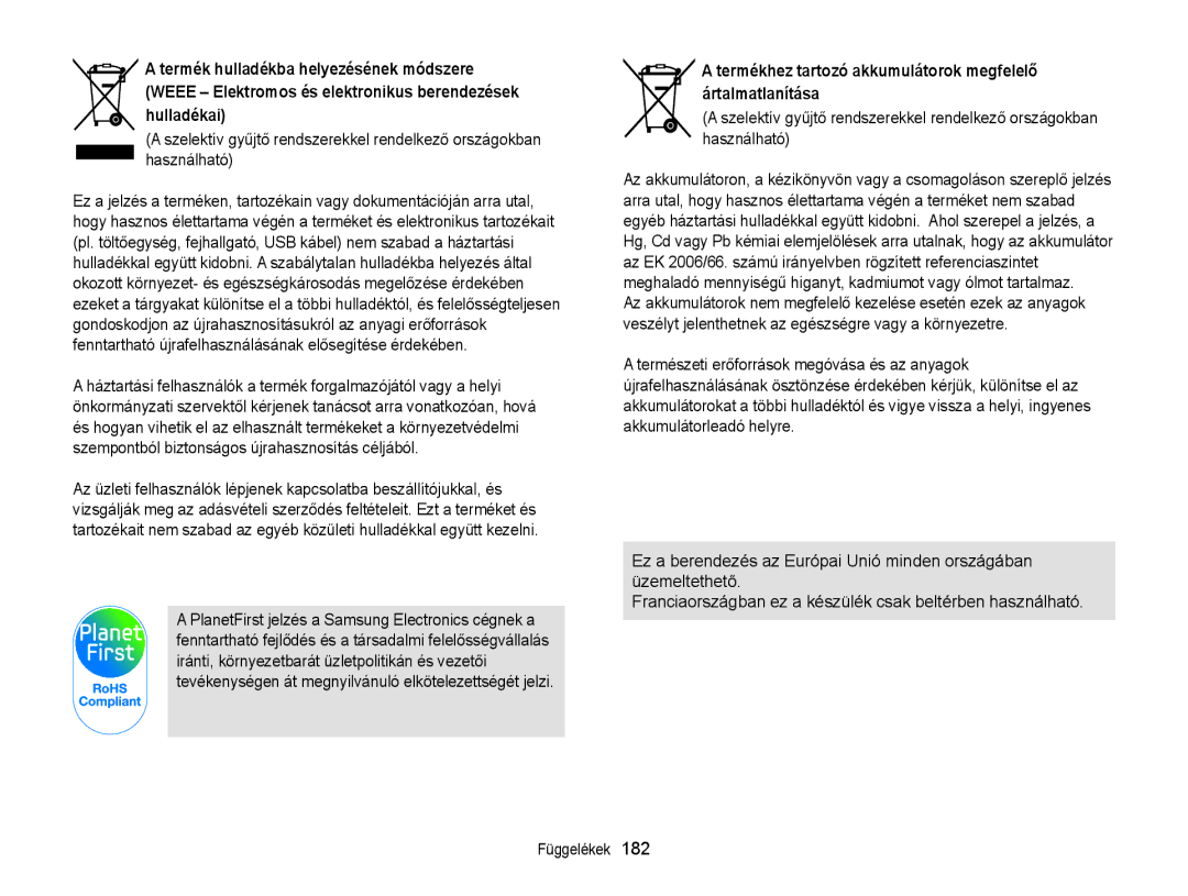 Samsung EC-EX2FZZBPWE2, EC-EX2FZZBPBE3, EC-EX2FZZBPWE3 manual Termékhez tartozó akkumulátorok megfelelő ártalmatlanítása 