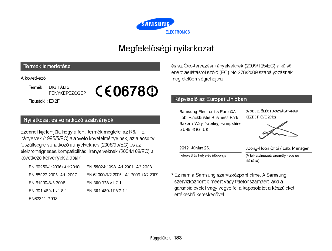 Samsung EC-EX2FZZBPBE3 manual Következő, Termék Digitális Fényképezőgép Típusok EX2F, Joong-Hoon Choi / Lab. Manager 