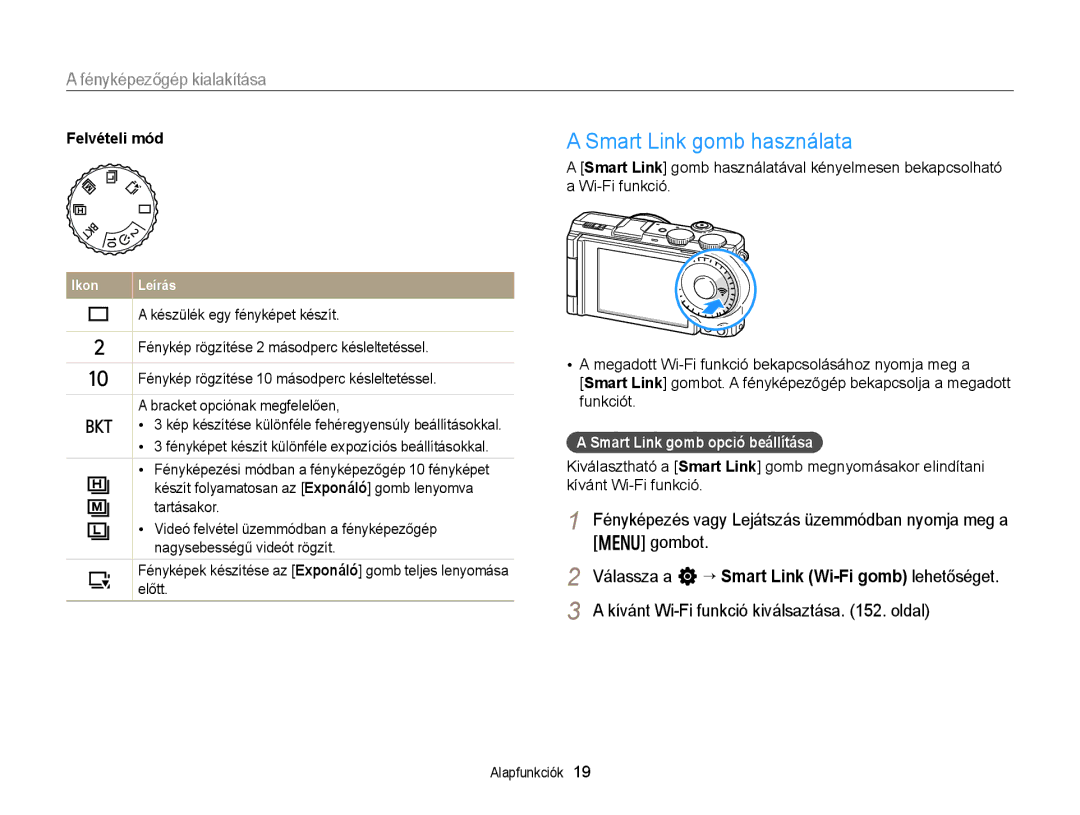 Samsung EC-EX2FZZBPBE3 manual Smart Link gomb használata, Gombot, Kívánt Wi-Fi funkció kiválsaztása . oldal, Felvételi mód 