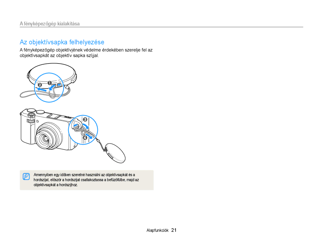 Samsung EC-EX2FZZBPBE2, EC-EX2FZZBPBE3, EC-EX2FZZBPWE3 manual Az objektívsapka felhelyezése, Objektívsapkát a hordszíjhoz 