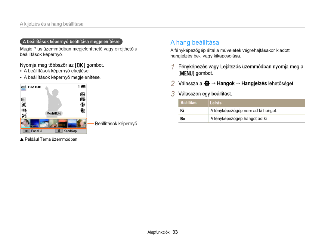 Samsung EC-EX2FZZBPBE2, EC-EX2FZZBPBE3 Hang beállítása, Kijelzés és a hang beállítása, Nyomja meg többször az o gombot 