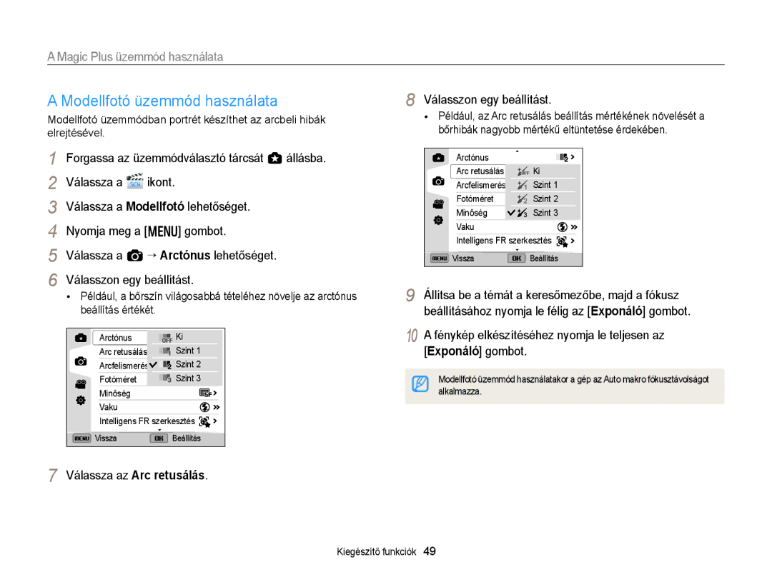 Samsung EC-EX2FZZBPBE2 manual Modellfotó üzemmód használata, Magic Plus üzemmód használata, Válassza az Arc retusálás 