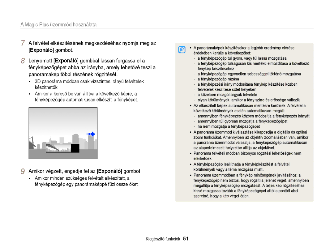 Samsung EC-EX2FZZBPBE3 manual Felvétel elkészítésének megkezdéséhez nyomja meg az, Panorámakép többi részének rögzítését 