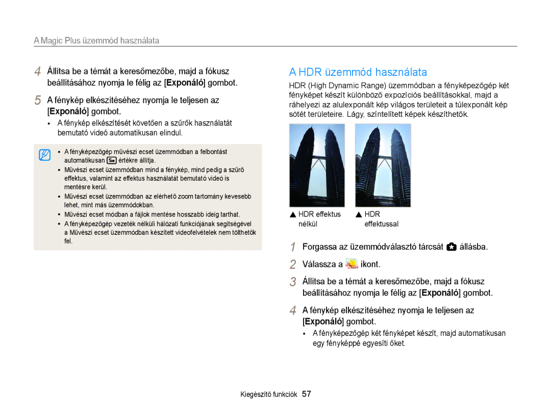 Samsung EC-EX2FZZBPBE2 manual HDR üzemmód használata, Beállításához nyomja le félig az Exponáló gombot, HDR effektus 