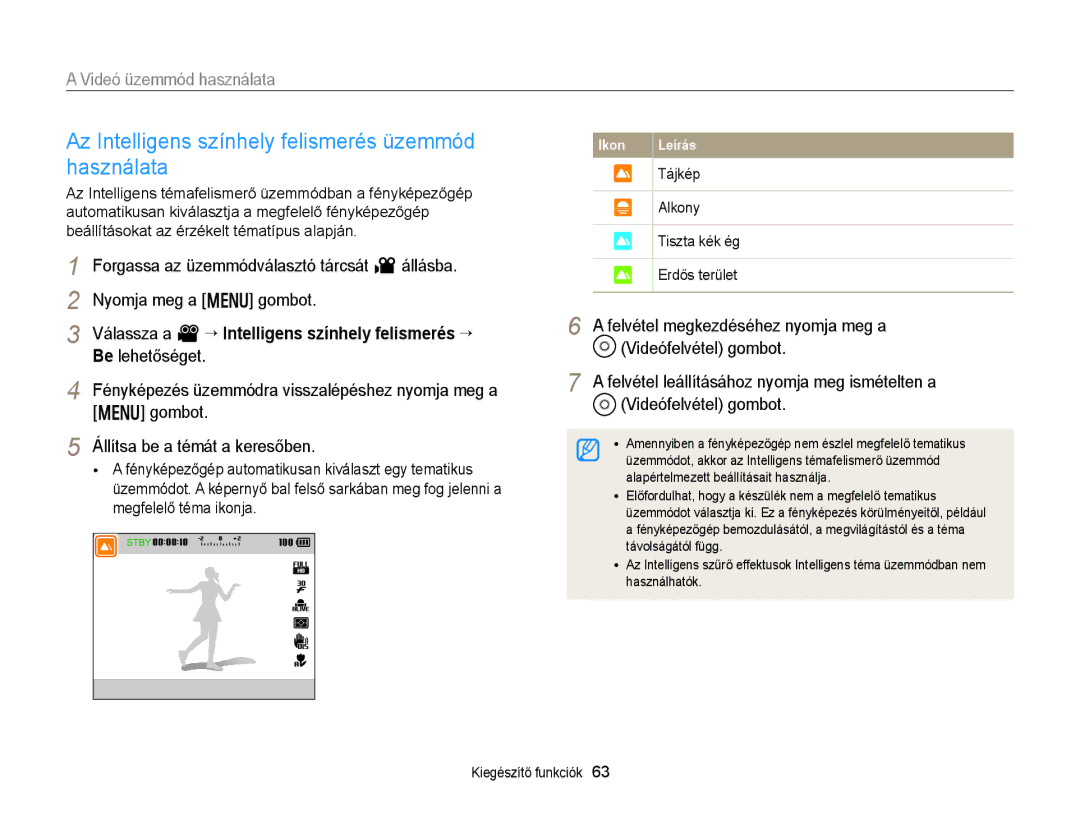 Samsung EC-EX2FZZBPBE3 manual Az Intelligens színhely felismerés üzemmód használata, Alapértelmezett beállításait használja 