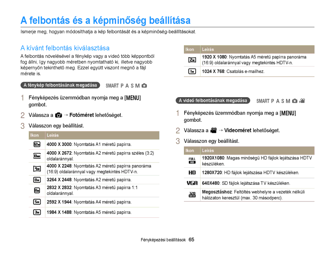 Samsung EC-EX2FZZBPBE2, EC-EX2FZZBPBE3, EC-EX2FZZBPWE3 Felbontás és a képminőség beállítása, Kívánt felbontás kiválasztása 