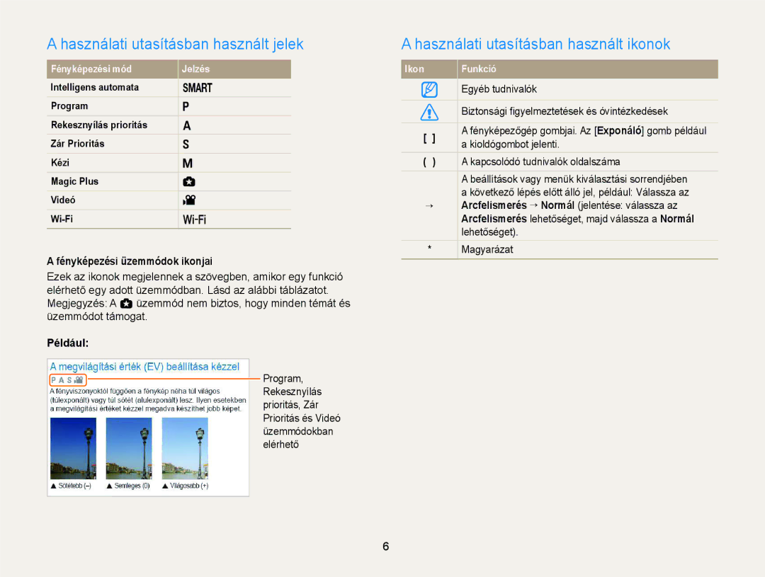 Samsung EC-EX2FZZBPWE2 manual Használati utasításban használt jelek, Használati utasításban használt ikonok, Például 