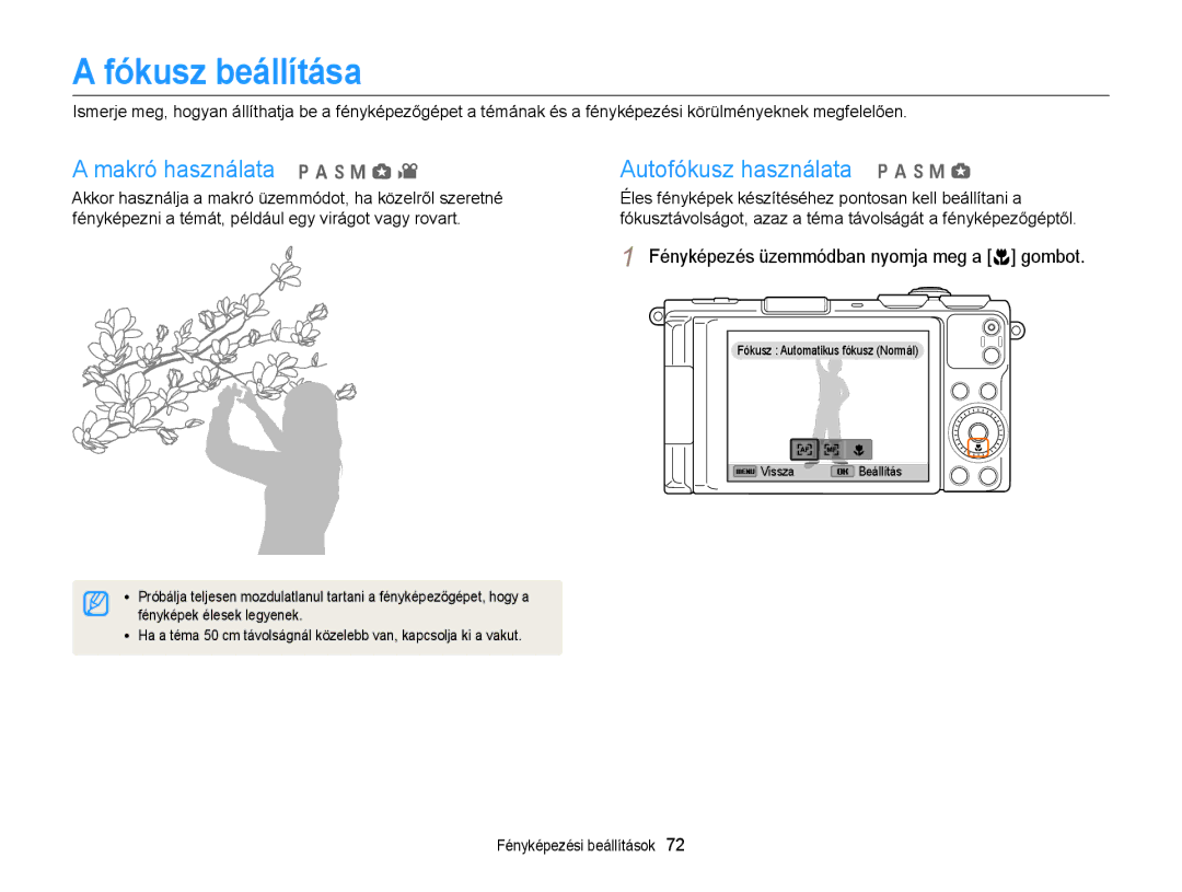 Samsung EC-EX2FZZBPWE3, EC-EX2FZZBPBE3 manual Fókusz beállítása, Makró használata p a h M g Autofókusz használata p a h M g 