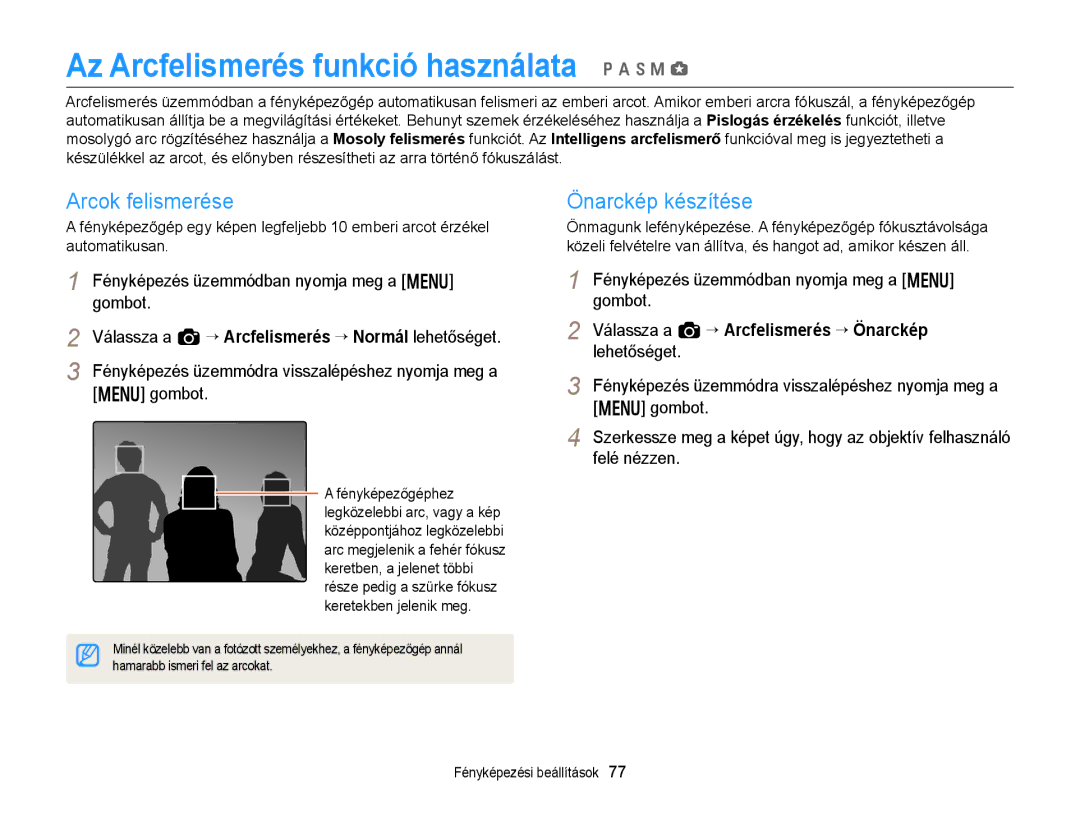 Samsung EC-EX2FZZBPBE2 manual Az Arcfelismerés funkció használata p a h M g, Arcok felismerése, Önarckép készítése 