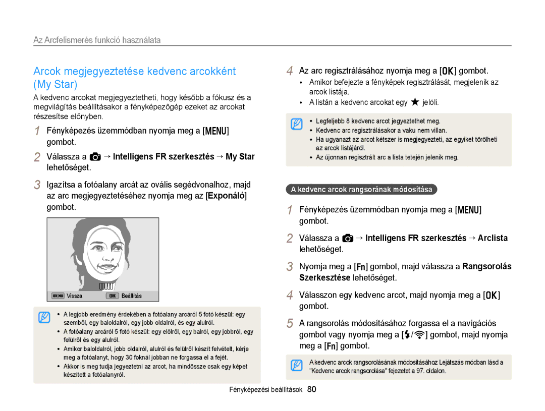 Samsung EC-EX2FZZBPWE3, EC-EX2FZZBPBE3 manual Arcok megjegyeztetése kedvenc arcokként, My Star, Szerkesztése lehetőséget 