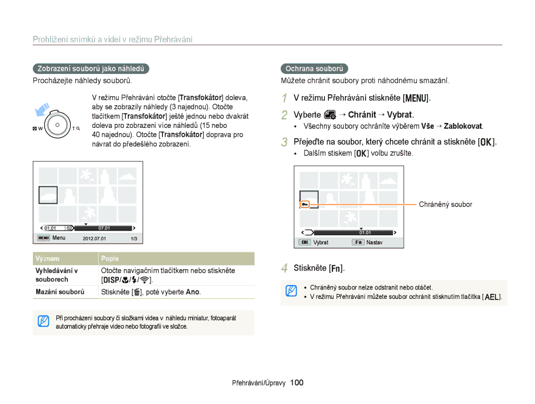 Samsung EC-EX2FZZBPWE3 manual Režimu Přehrávání stiskněte m Vyberte O “ Chránit “ Vybrat, Zobrazení souborů jako náhledů 