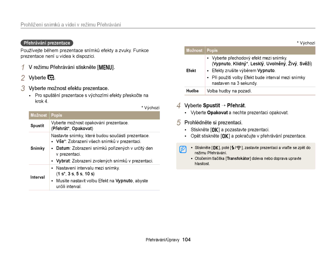 Samsung EC-EX2FZZBPWE3 manual Vyberte možnost efektu prezentace, Vyberte Spustit “ Přehrát, Prohlédněte si prezentaci 