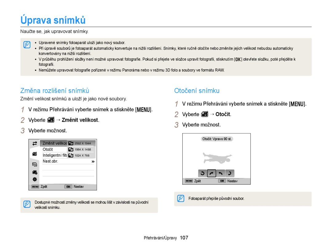 Samsung EC-EX2FZZBPBE3 manual Úprava snímků, Změna rozlišení snímků, Otočení snímku, Naučte se, jak upravovat snímky 