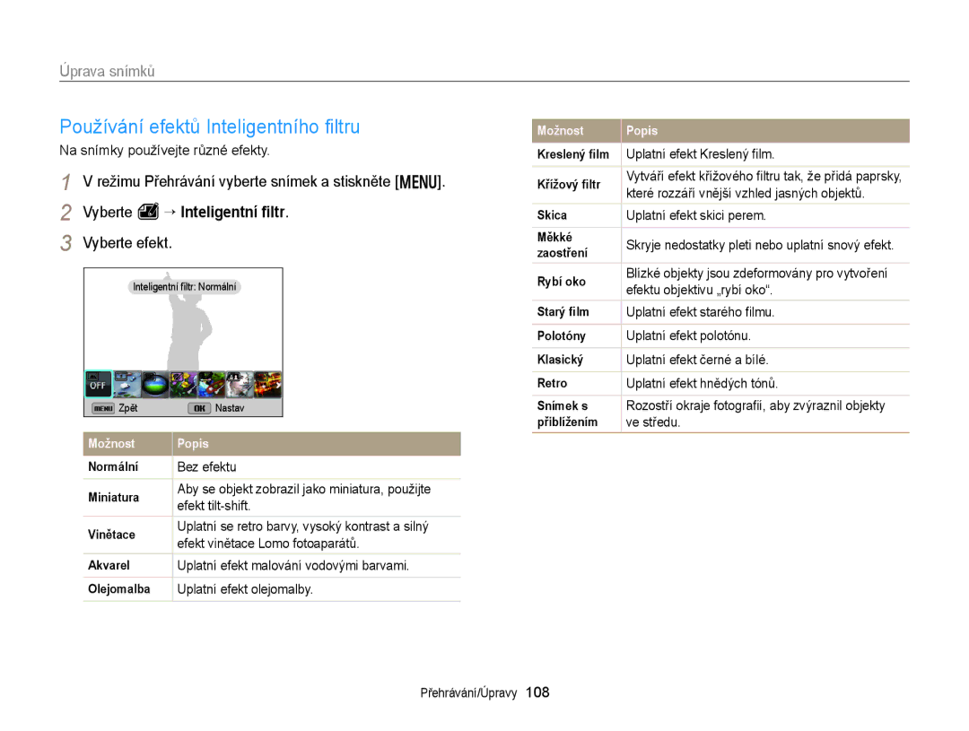 Samsung EC-EX2FZZBPWE3 manual Používání efektů Inteligentního ﬁltru, Úprava snímků, Na snímky používejte různé efekty 