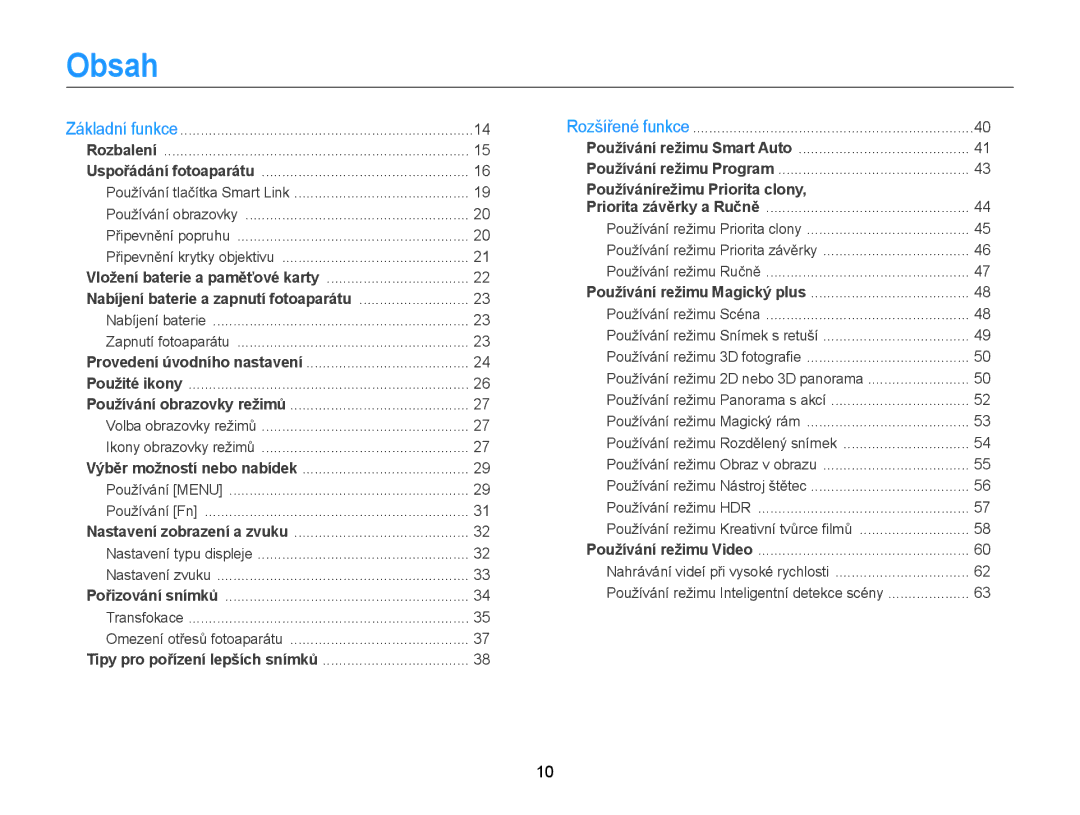 Samsung EC-EX2FZZBPWE3, EC-EX2FZZBPBE3 manual Obsah, Připevnění krytky objektivu 