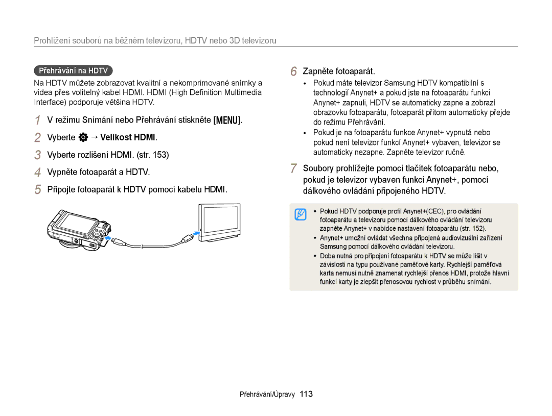 Samsung EC-EX2FZZBPBE3, EC-EX2FZZBPWE3 manual Dálkového ovládání připojeného Hdtv, Přehrávání na Hdtv 