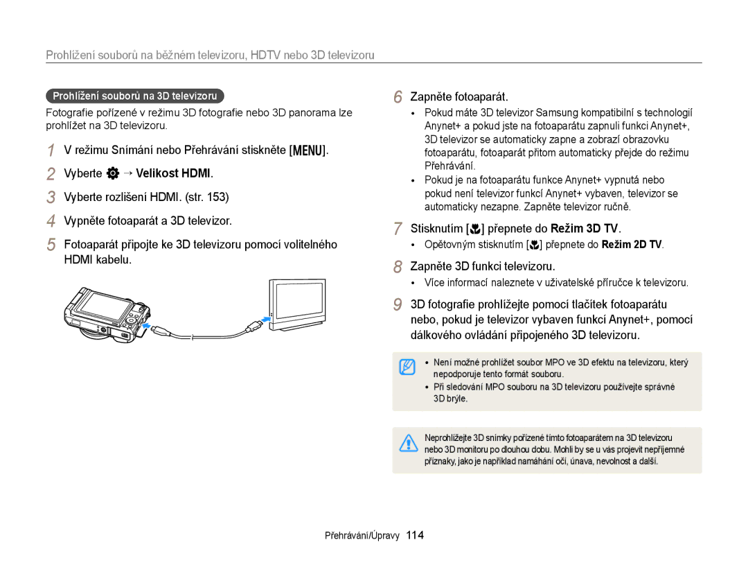 Samsung EC-EX2FZZBPWE3, EC-EX2FZZBPBE3 manual Vyberte n “ Velikost Hdmi, Vypněte fotoaparát a 3D televizor, Hdmi kabelu 