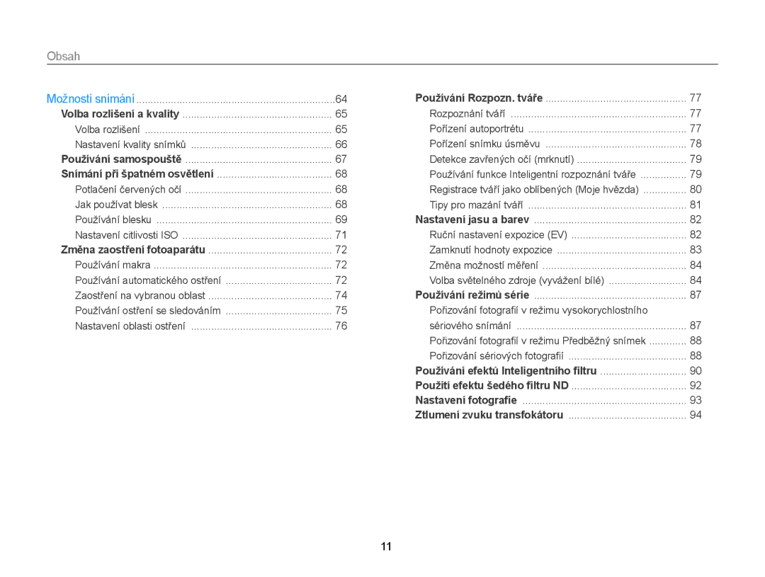 Samsung EC-EX2FZZBPBE3, EC-EX2FZZBPWE3 manual Obsah, Nastavení kvality snímků 