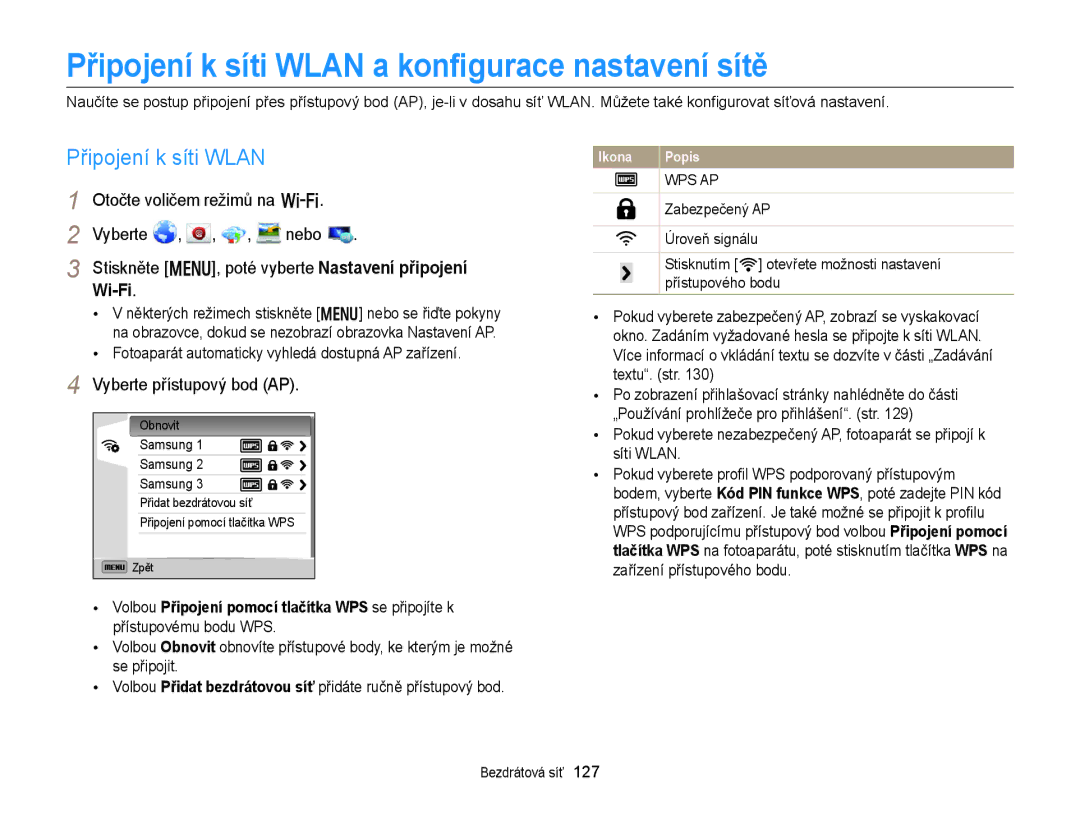 Samsung EC-EX2FZZBPBE3 Připojení k síti Wlan a konﬁgurace nastavení sítě, Otočte voličem režimů na w Vyberte Nebo, Wi-Fi 