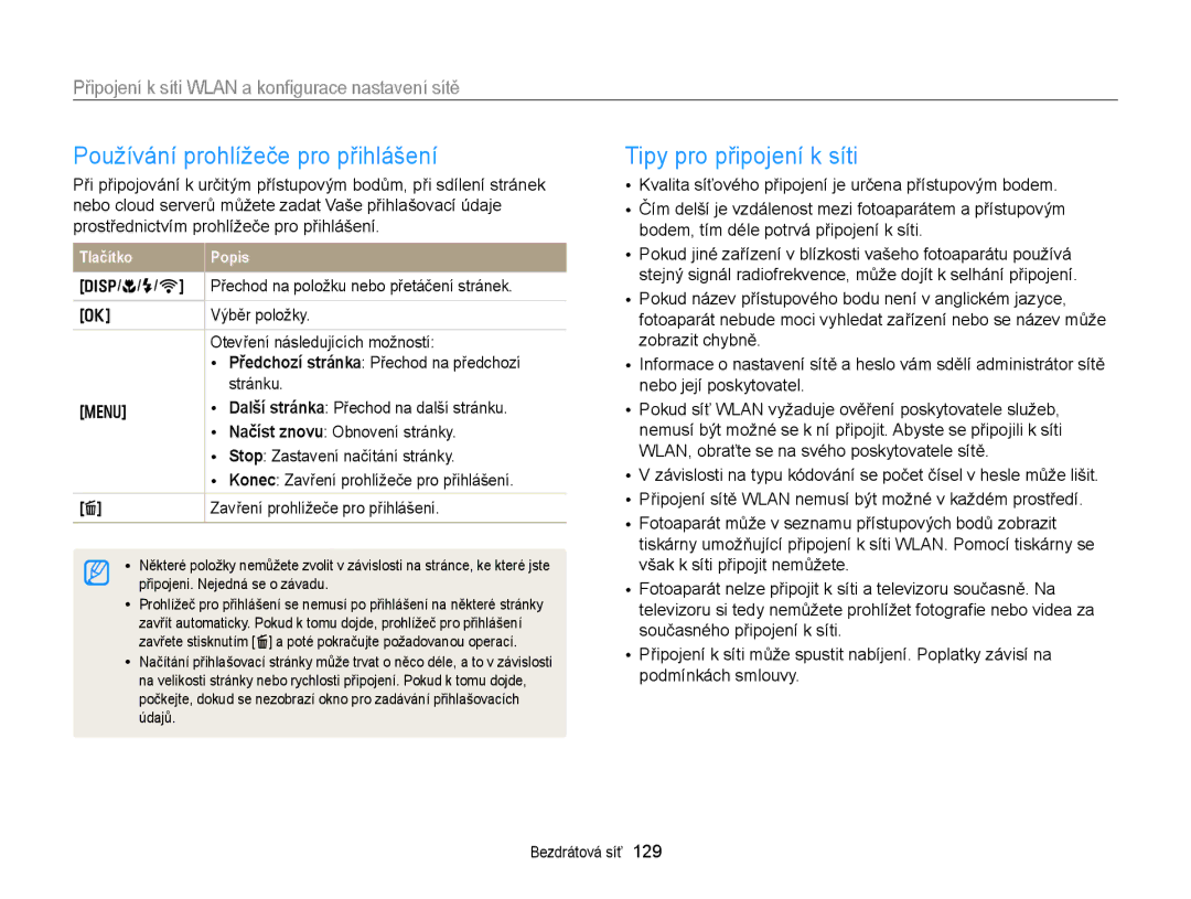 Samsung EC-EX2FZZBPBE3, EC-EX2FZZBPWE3 manual Používání prohlížeče pro přihlášení, Tipy pro připojení k síti, Výběr položky 