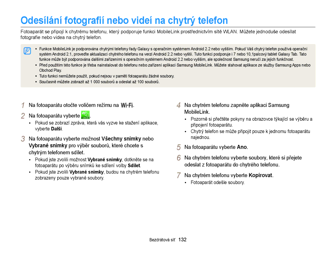 Samsung EC-EX2FZZBPWE3, EC-EX2FZZBPBE3 manual Odesílání fotograﬁí nebo videí na chytrý telefon, Na fotoaparátu vyberte Ano 