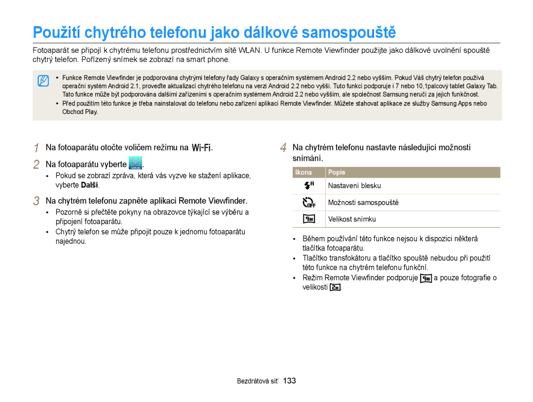 Samsung EC-EX2FZZBPBE3, EC-EX2FZZBPWE3 manual Použití chytrého telefonu jako dálkové samospouště 