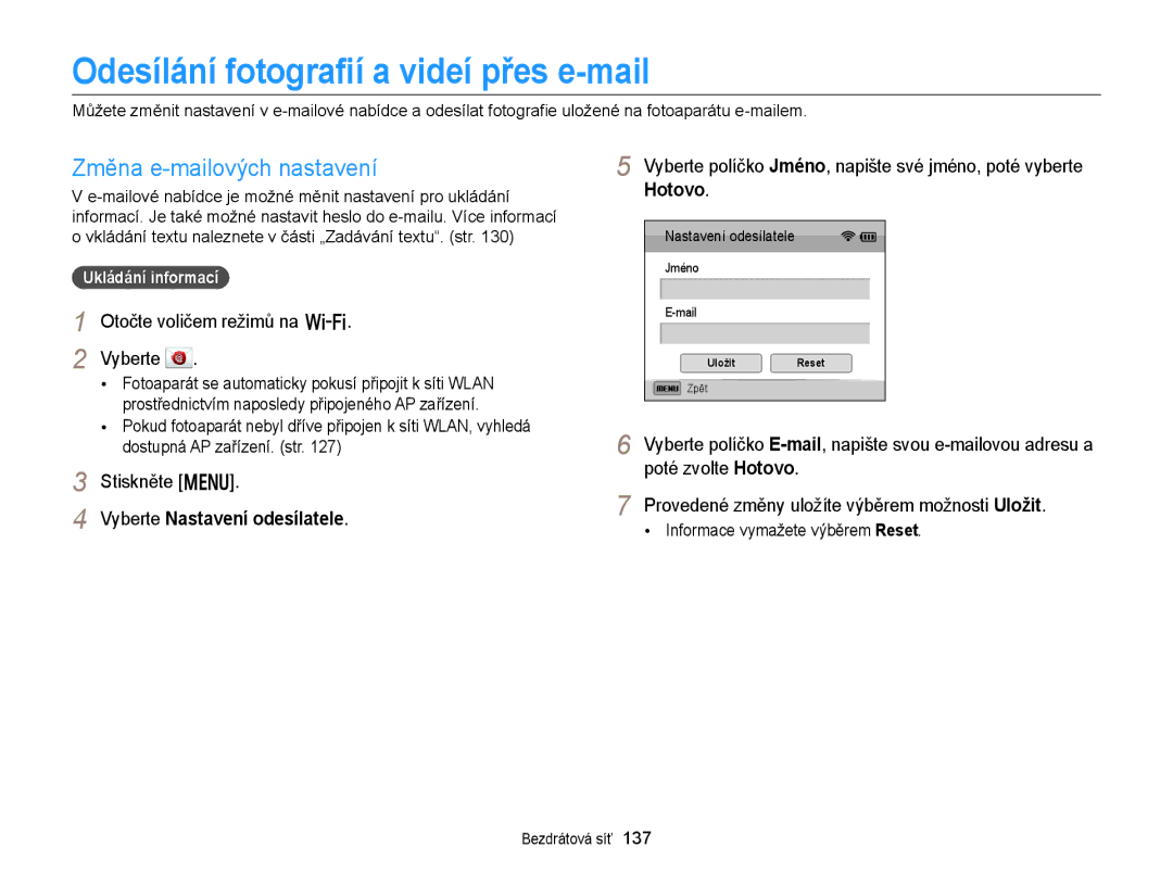 Samsung EC-EX2FZZBPBE3 Odesílání fotograﬁí a videí přes e-mail, Změna e-mailových nastavení, Vyberte Nastavení odesílatele 