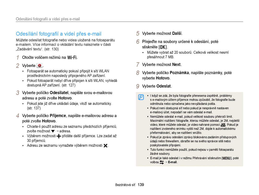 Samsung EC-EX2FZZBPBE3 manual Odesílání fotograﬁí a videí přes e-mail, Adresu a poté zvolte Hotovo, Poté zvolte Hotovo 