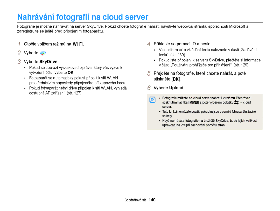 Samsung EC-EX2FZZBPWE3, EC-EX2FZZBPBE3 manual Nahrávání fotograﬁí na cloud server, Vyberte SkyDrive 