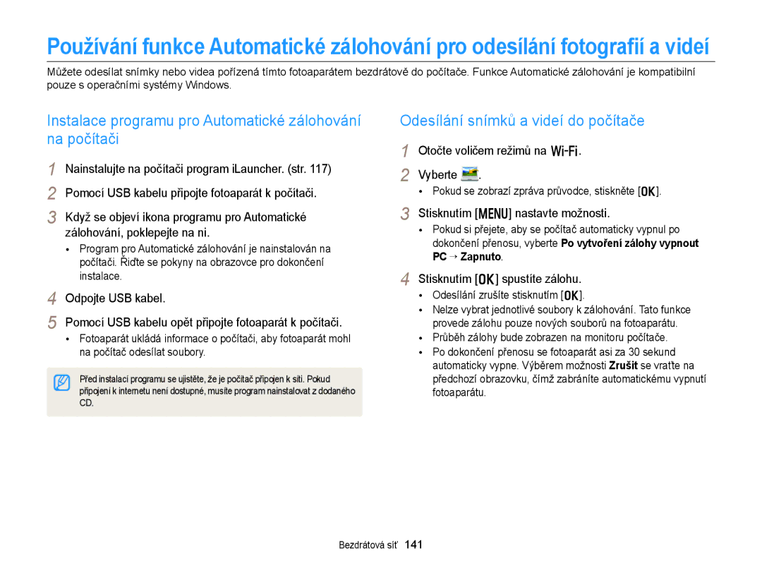 Samsung EC-EX2FZZBPBE3 Instalace programu pro Automatické zálohování na počítači, Odesílání snímků a videí do počítače 