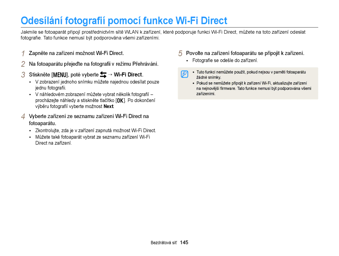 Samsung EC-EX2FZZBPBE3 manual Odesílání fotograﬁí pomocí funkce Wi-Fi Direct, Zapněte na zařízení možnost Wi-Fi Direct 