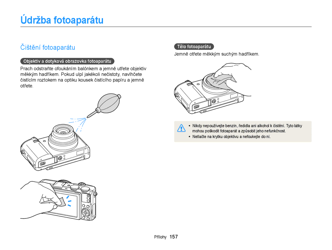 Samsung EC-EX2FZZBPBE3, EC-EX2FZZBPWE3 Údržba fotoaparátu, Čištění fotoaparátu, Objektiv a dotyková obrazovka fotoaparátu 