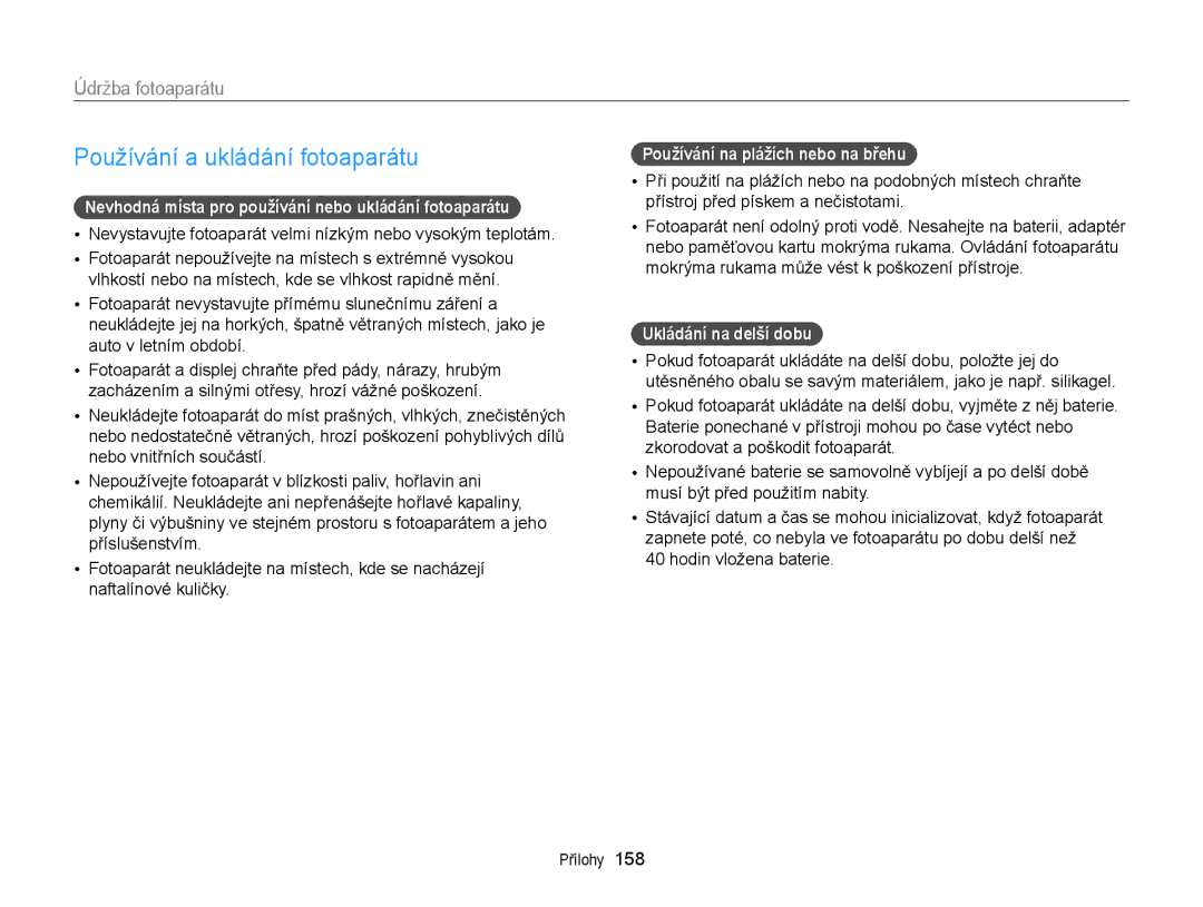 Samsung EC-EX2FZZBPWE3 manual Používání a ukládání fotoaparátu, Údržba fotoaparátu, Používání na plážích nebo na břehu 