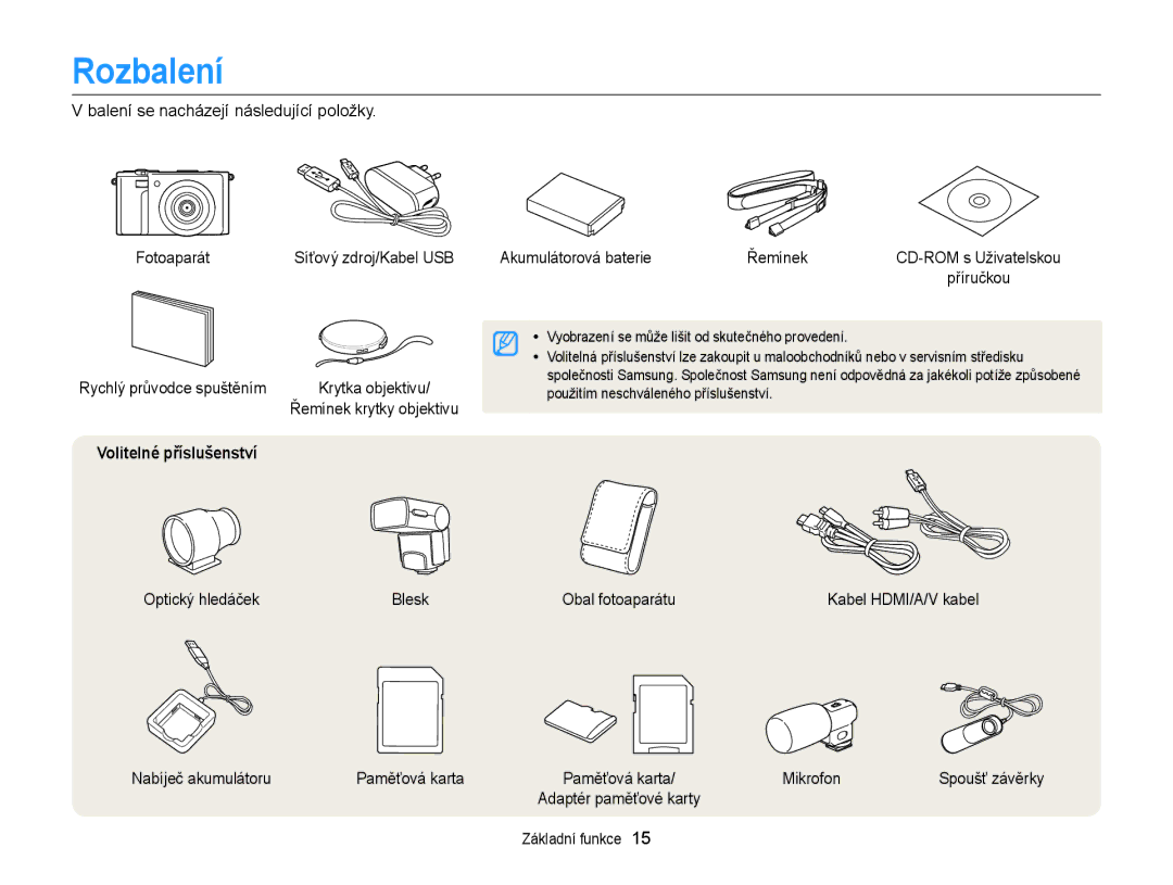 Samsung EC-EX2FZZBPBE3 Rozbalení, Optický hledáček Blesk Obal fotoaparátu, Nabíječ akumulátoru Paměťová karta, Mikrofon 