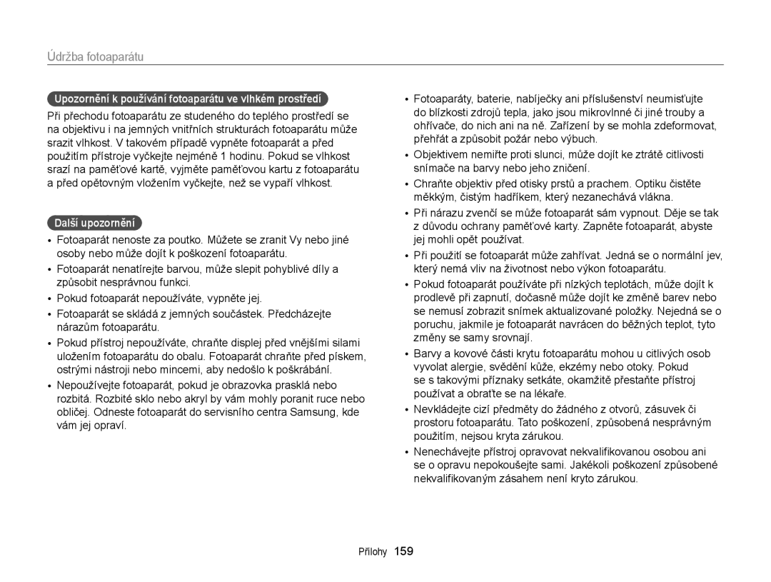 Samsung EC-EX2FZZBPBE3, EC-EX2FZZBPWE3 manual Upozornění k používání fotoaparátu ve vlhkém prostředí, Další upozornění 