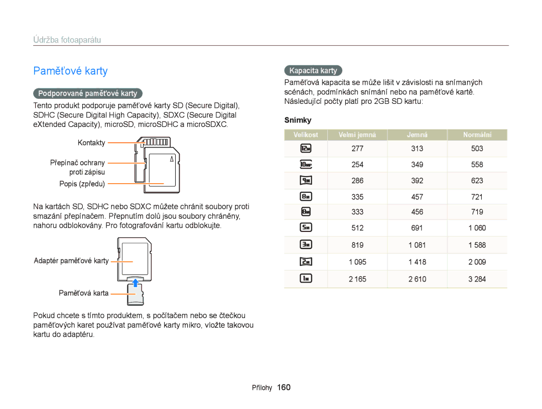 Samsung EC-EX2FZZBPWE3, EC-EX2FZZBPBE3 manual Paměťové karty, Podporované paměťové karty, Kapacita karty, Snímky 