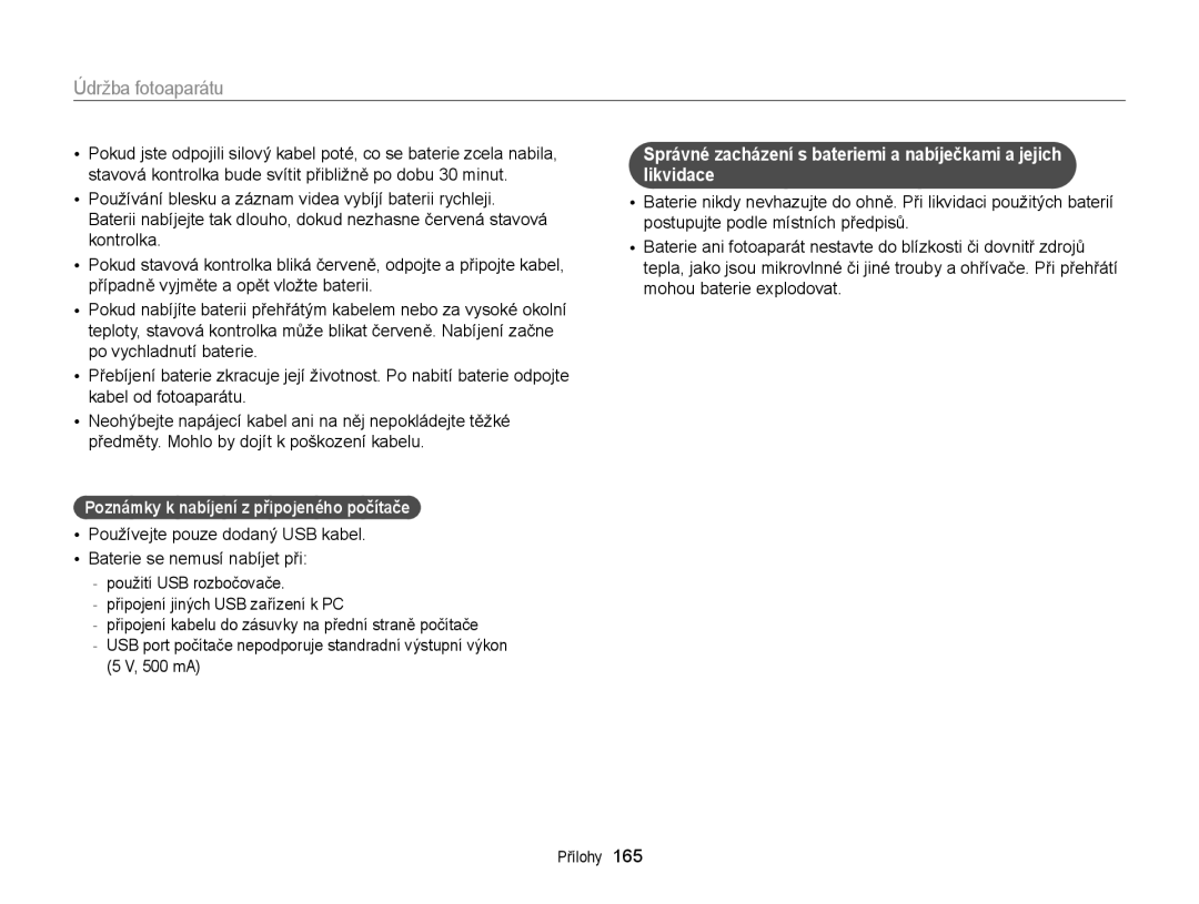 Samsung EC-EX2FZZBPBE3, EC-EX2FZZBPWE3 manual Poznámky k nabíjení z připojeného počítače 