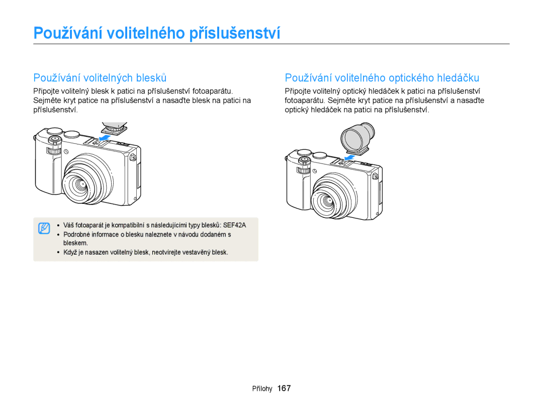 Samsung EC-EX2FZZBPBE3, EC-EX2FZZBPWE3 manual Používání volitelného příslušenství, Používání volitelných blesků 