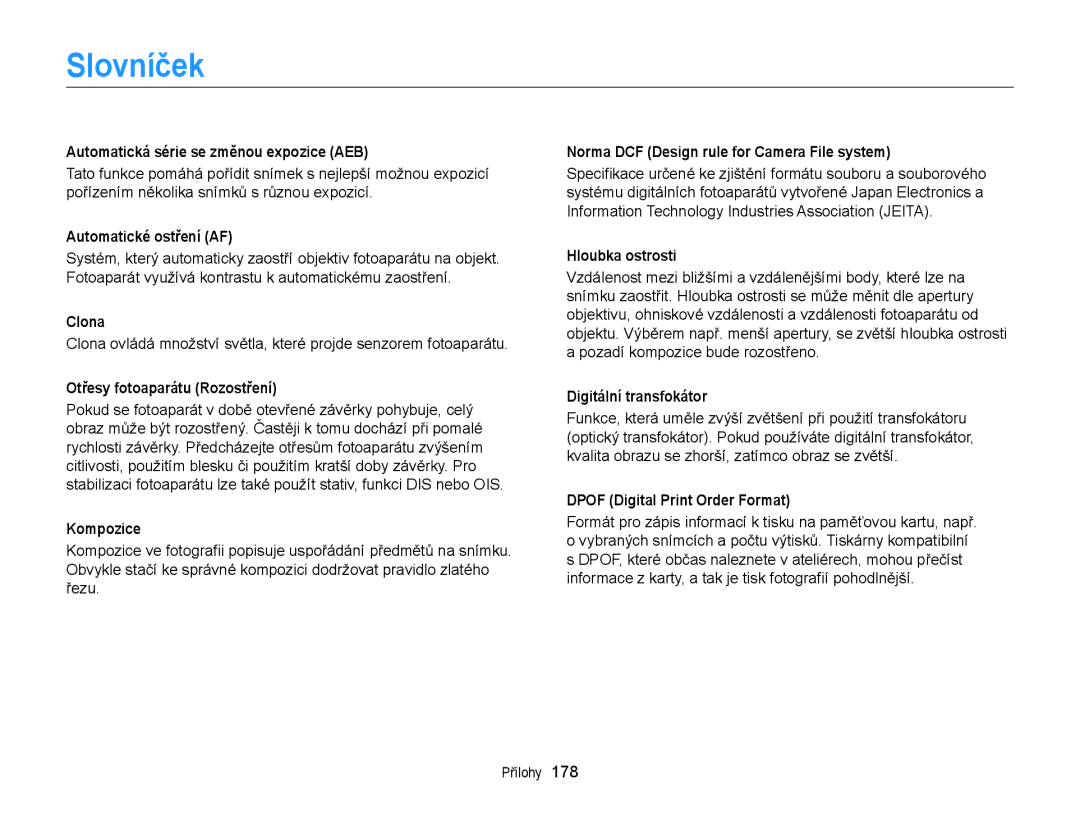 Samsung EC-EX2FZZBPWE3, EC-EX2FZZBPBE3 manual Slovníček 