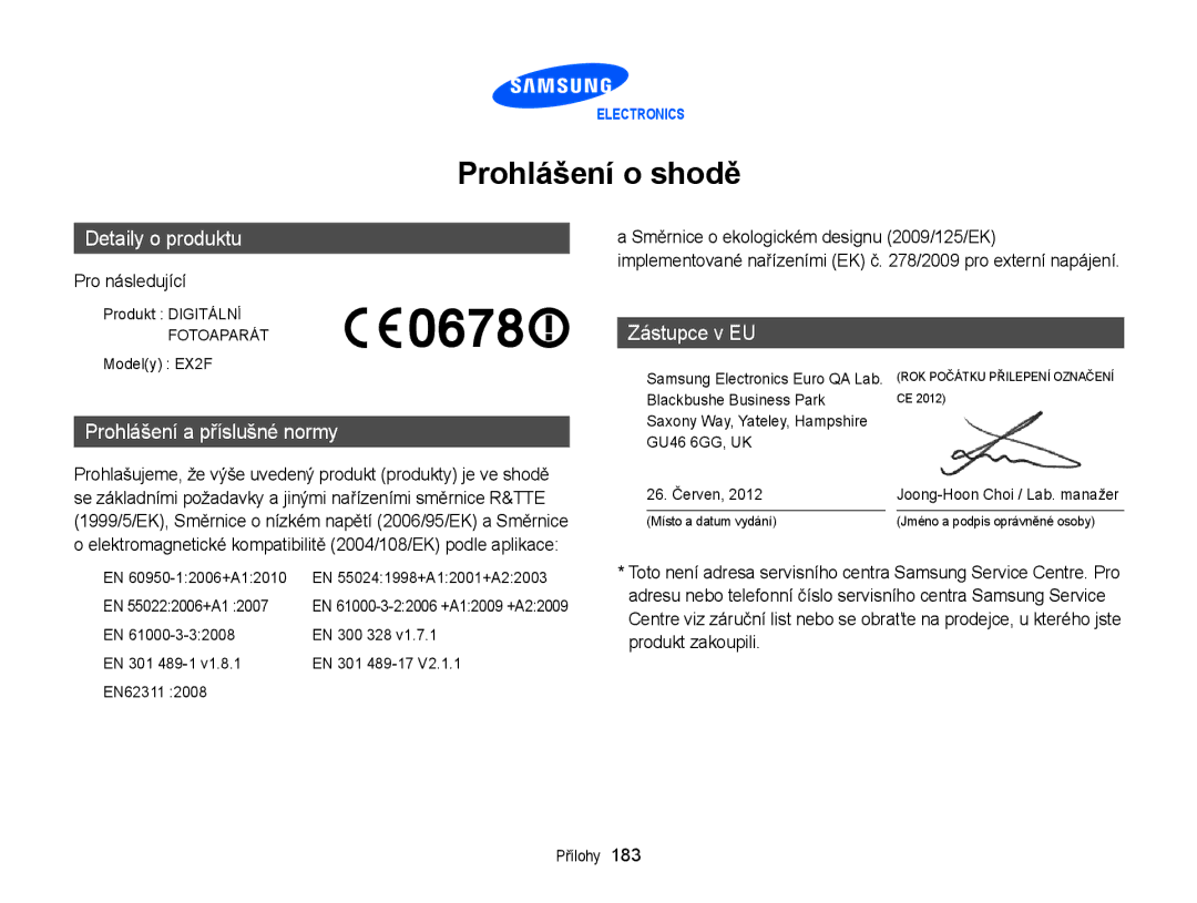 Samsung EC-EX2FZZBPBE3, EC-EX2FZZBPWE3 manual Prohlášení o shodě, Pro následující 